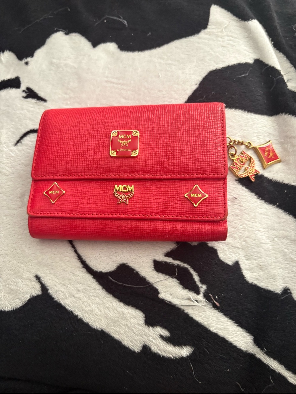 MCM Red Leather Fold Wallet with Gold Logo Accents - Picture 3 of 8